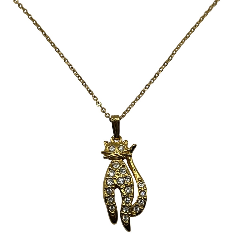 Avon Gold Tone Rhinestone Cat Pendant Necklace Vintage Feline Jewelry